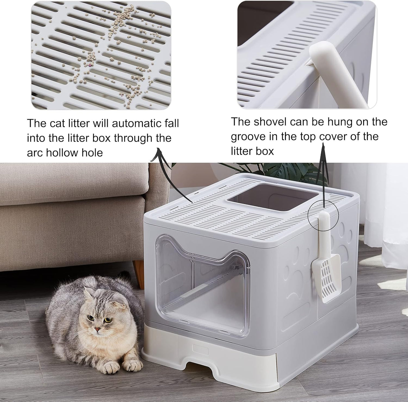 Foldable Large Top Entry Cat Litter Box with Lid, Anti-Splashing Enclosed Plastic Kitty Pan with Drawer Type Easy Clean and Scoop (Grey)