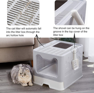 Foldable Large Top Entry Cat Litter Box with Lid, Anti-Splashing Enclosed Plastic Kitty Pan with Drawer Type Easy Clean and Scoop (Grey)