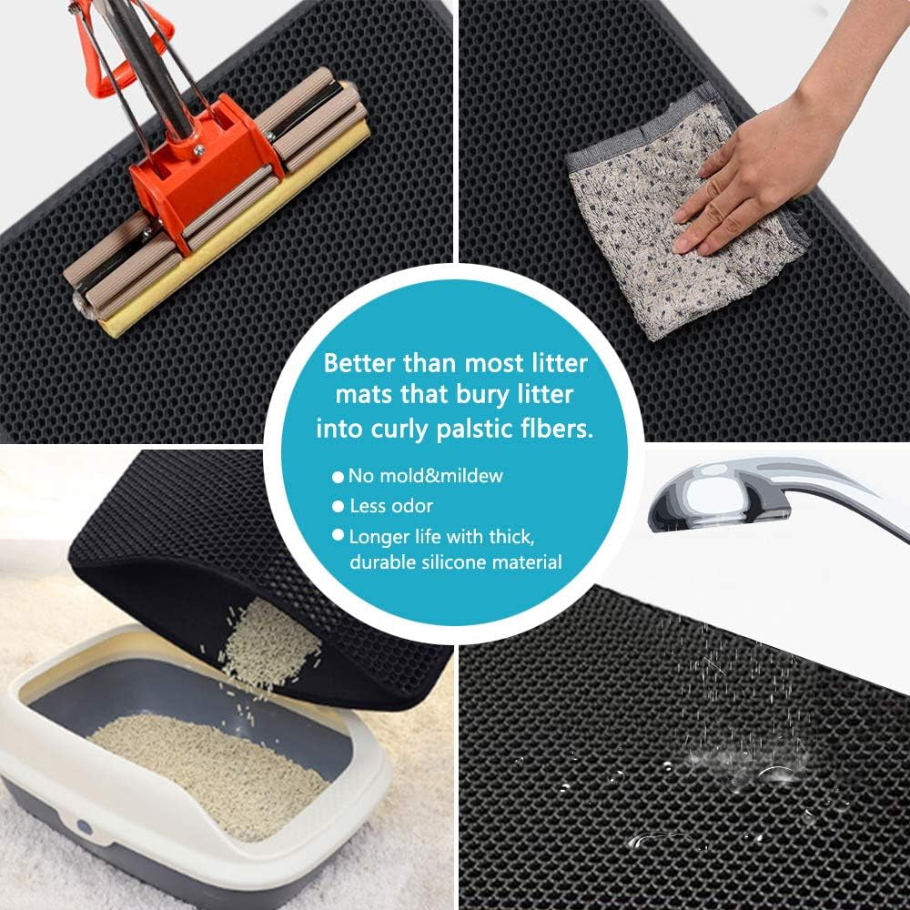 Small Cat Litter Box Mat: Easy Clean Kitty Litter Trapping Mat for Floor, Plastic Cat Box Pad (15 * 24In, Black, 1P)