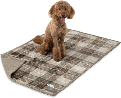 WATERPROOF Dog Blanket for Bed, XL Dog Pet Blanket Couch Cover Protection, Sherpa Fleece Leakproof Bed Blanket for Crate Kennel Sofa Furniture Protector, Reversible Soft Plush 80X60 Plaid Taupe