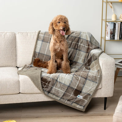 WATERPROOF Dog Blanket for Bed, XL Dog Pet Blanket Couch Cover Protection, Sherpa Fleece Leakproof Bed Blanket for Crate Kennel Sofa Furniture Protector, Reversible Soft Plush 80X60 Plaid Taupe