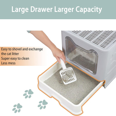 Foldable Large Top Entry Cat Litter Box with Lid, Anti-Splashing Enclosed Plastic Kitty Pan with Drawer Type Easy Clean and Scoop (Grey)