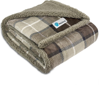 WATERPROOF Dog Blanket for Bed, XL Dog Pet Blanket Couch Cover Protection, Sherpa Fleece Leakproof Bed Blanket for Crate Kennel Sofa Furniture Protector, Reversible Soft Plush 80X60 Plaid Taupe