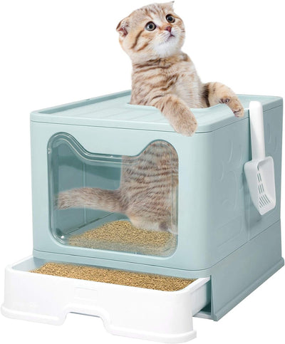 Large Top Entry Cat Litter Box with Lid, Foldable Cat Litter Box with Scoop, Extra Large Cat Litter Box Covered, Anti-Splashing Enclosed Cat Toilet Box (Blue)